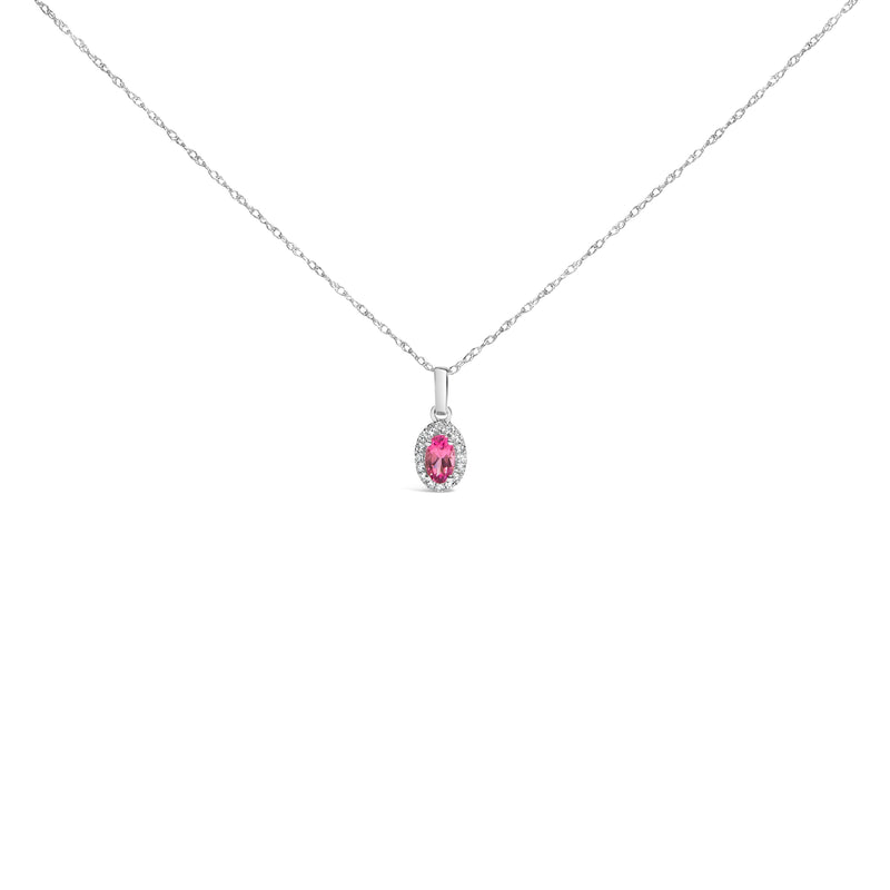 Bids.com 10K White Gold 5x3mm Green Emerald and Diamond Accent Halo Oval Shape 18" Pendant Necklace (I-J Color, I1-I2 Clarity) Necklaces White Smoke White.Gold / 18 / Pink Tourmaline