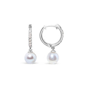Bids.com 10K White Gold 6x6 MM Cultured Freshwater Pearl and Diamond Accent Drop Huggy Earring (H-I Color, I1-I2 Clarity) Earrings White Smoke White.Gold / 0.12