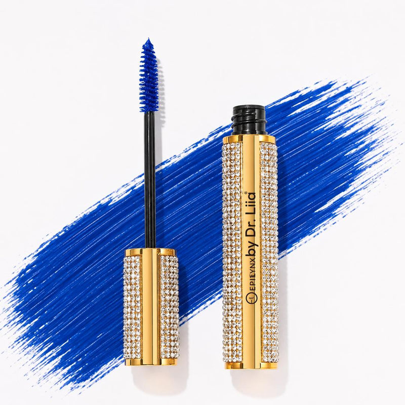 EpiLynx Mega Volume Vegan Mascara Black and Blue – Smudge-Proof with Handmade Diamond Case White Smoke Blue,Black
