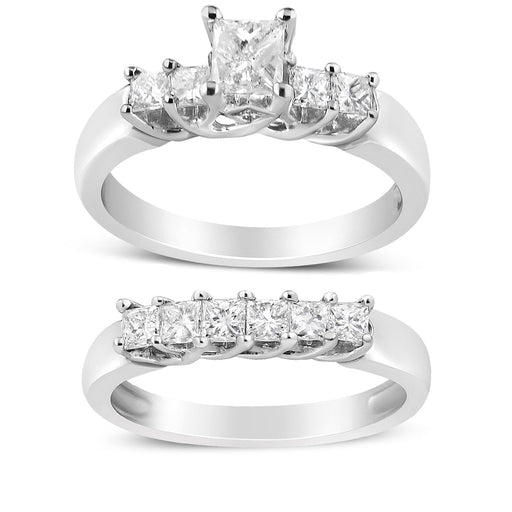 Bids.com 14K White Gold 1 1/2 Cttw 5 Stone Princess Diamond Engagement Wedding Ring Set (H-I Color, SI2-I1 Clarity) - Ring Size 7 Rings White Smoke 7 / White.Gold