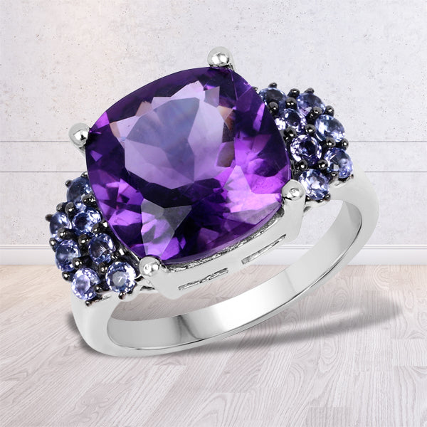 Bids.com 6.34 Carat Genuine Amethyst and Tanzanite .925 Sterling Silver Ring Rings Light Gray size 6.00,size 9.00,size 10.00,size 7.00,size 8.00,size 5.00