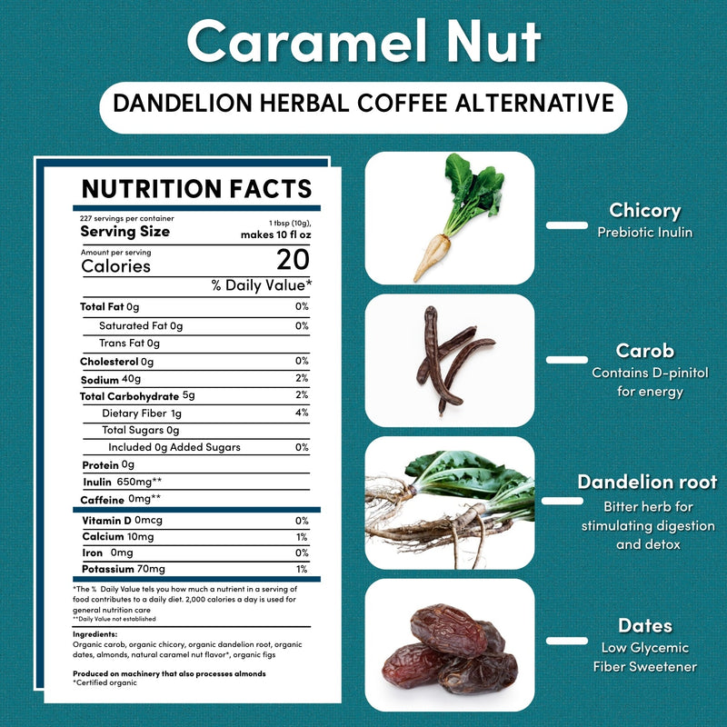 Teeccino Dandelion Caramel Nut Chicory Herbal Coffee Herbal Coffee White Smoke 10 ounce ground,500g ground,5lb ground,Trial Size