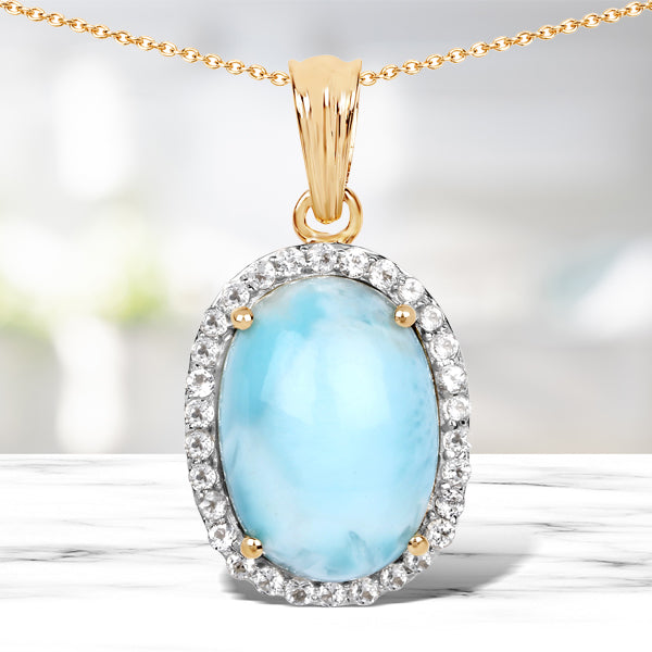 Bids.com 14K Yellow Gold Plated 13.55 Carat Genuine Larimar and White Topaz .925 Sterling Silver Pendant Pendants White Smoke