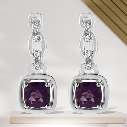 Bids.com .925 Sterling Silver 6x6MM Cushion Shaped Natural Purple Amethyst and Diamond Accent Drop and Dangle Earrings (I-J Color, I1-I2 Clarity) Earrings Light Gray White.Sterling Silver / 0.085