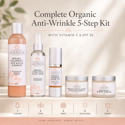Glimmer Goddess® Organic Skin Care Complete Organic Anti-Wrinkle 5-Step Kit with Vitamin C & SPF 30 Gift Packs & Value Sets Misty Rose