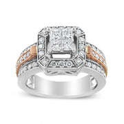 Bids.com 14K White and Rose Gold 1 1/8 Cttw Princess and Round-Cut Diamond Art Deco Style Triple Shank Halo Cocktail Ring (I-J Color, SI2-I1 Clarity) - Size 7 Rings White Smoke 7 / WhiteRose.Gold,4.5 / WhiteRose.Gold