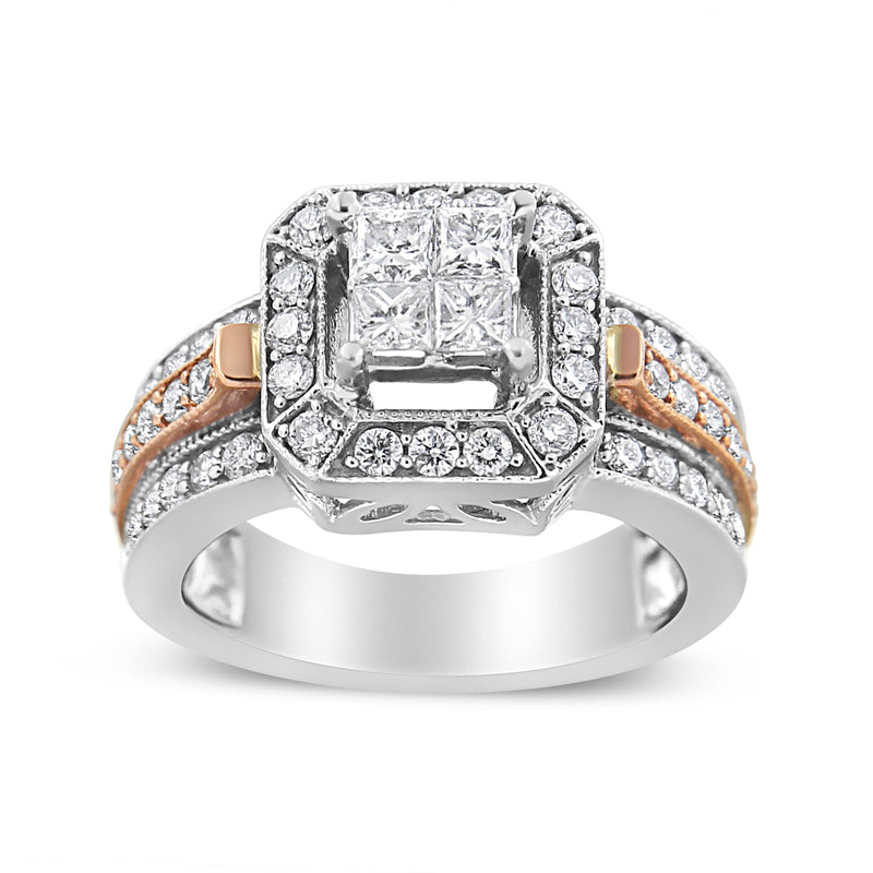 Bids.com 14K White and Rose Gold 1 1/8 Cttw Princess and Round-Cut Diamond Art Deco Style Triple Shank Halo Cocktail Ring (I-J Color, SI2-I1 Clarity) - Size 7 Rings White Smoke 7 / WhiteRose.Gold,4.5 / WhiteRose.Gold