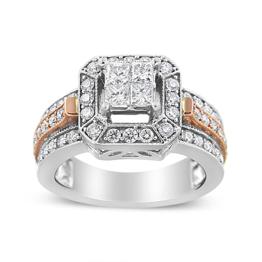 Bids.com 14K White and Rose Gold 1 1/8 Cttw Princess and Round-Cut Diamond Art Deco Style Triple Shank Halo Cocktail Ring (I-J Color, SI2-I1 Clarity) - Size 7 Rings White Smoke 7 / WhiteRose.Gold,4.5 / WhiteRose.Gold