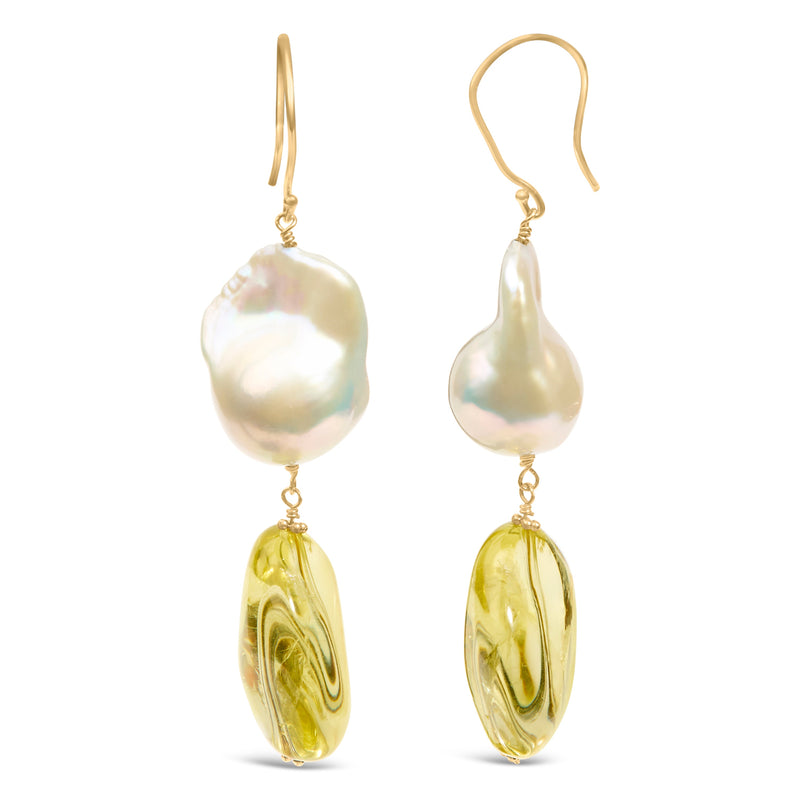 Bids.com 14K Yellow Gold Citrine and Baroque Pearl Drop and Dangle Earrings 1 3/4 Inch Dangle Earrings White Smoke Yellow.Gold