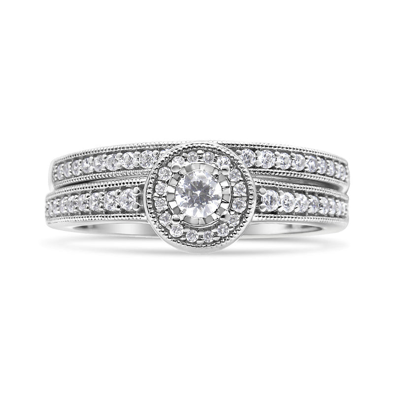 Bids.com .925 Sterling Silver 1/2 Ctw Diamond Halo and Milgrain Engagement Ring Bridal Set (I-J Color, I3 Clarity) - Ring Size 7 Rings Gray 7 / White.Sterling Silver,6 / White.Sterling Silver,8 / White.Sterling Silver,9 / White.Sterling Silver