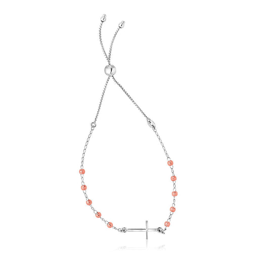 Bids.com Sterling Silver White and Rose Finish Adjustable Bracelet with Cross Bracelets White Smoke 9.25 / Sterling Silver