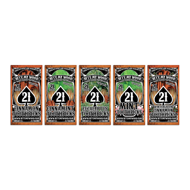 BiteMyWood Flavored Birchwood Toothpicks Variety Pack, 21-Count Resealable Bags Beauty & Personal Care - Nasal & Oral Care - Dental Floss & Picks Dim Gray Get All 5,Cinnamon,Cinnamint,Eucalyptus,Mint,Wintergreen