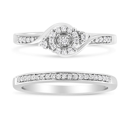 Bids.com .925 Sterling Silver 1/4 Cttw Diamond Halo and Swirl Engagement Ring and Wedding Band Set (I-J Color, I3 Clarity)- Ring Size 7 Rings White Smoke 7 / White.Sterling Silver,6 / White.Sterling Silver,8 / White.Sterling Silver,5 / White.Sterling Silver,9 / White.Sterling Silver