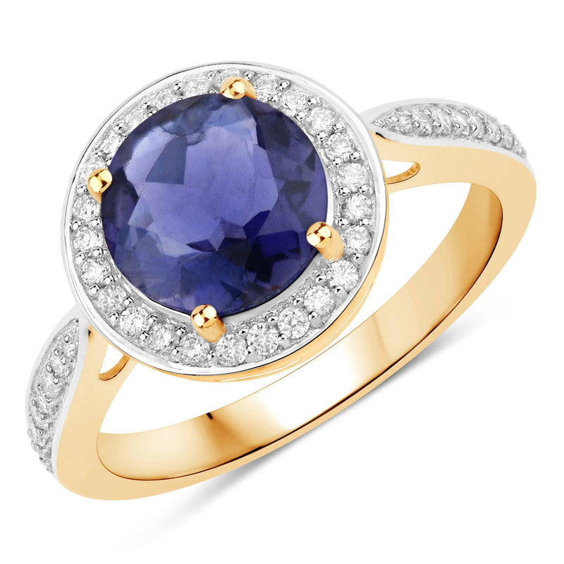 Bids.com 1.79 Carat Genuine Iolite and White Diamond 14K Yellow Gold Ring Rings White Smoke size 6.00,size 7.00,size 8.00,size 9.00