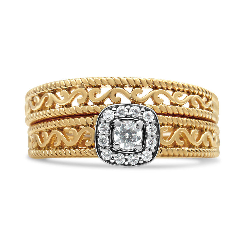 Bids.com 14K Yellow Gold Plated .925 Sterling Silver 1/5 Cttw Diamond Halo and Milgrain Finish Engagement Ring Bridal Set (I-J Color I3 Clarity) - Size 7 Rings Dark Khaki 9 / Yellow.Sterling Silver,6 / Yellow.Sterling Silver,8 / Yellow.Sterling Silver,5 / Yellow.Sterling Silver,10 / Yellow.Sterling Silver,11 / Yellow.Sterling Silver,12 / Yellow.Sterling Silver,7 / Yellow.Sterling Silver