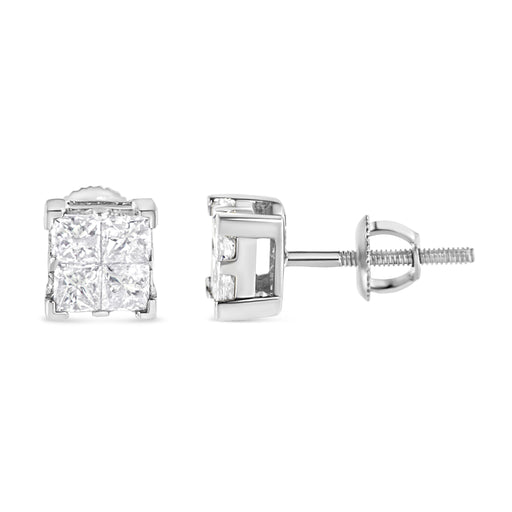 Bids.com 10K White Gold 3/4 Cttw Invisible Set Princess-Cut Diamond Composite Square Stud Earrings (H-I Color, SI2-I1 Clarity) Earrings White Smoke White.Gold / 0.75