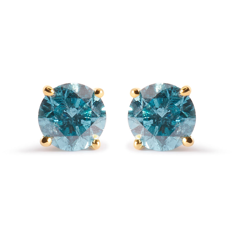 Bids.com 14K Yellow Gold 1.0 Cttw Treated Aqua Blue Diamond Classic Solitaire Stud Earrings (Aqua Blue Color, I2-I3 Clarity) Earrings White Smoke Yellow.Gold / 1.15