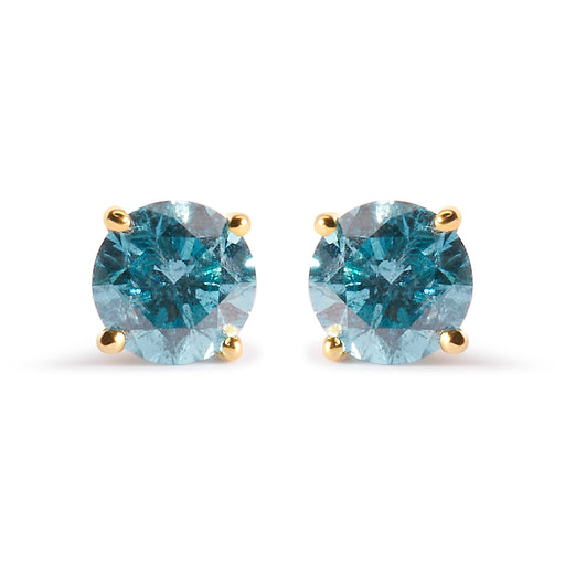 Bids.com 14K Yellow Gold 1.0 Cttw Treated Aqua Blue Diamond Classic Solitaire Stud Earrings (Aqua Blue Color, I2-I3 Clarity) Earrings White Smoke Yellow.Gold / 1.15