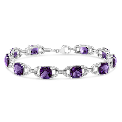 Bids.com .925 Sterling Silver 7mm Cushion Cut Amethyst Gemstone and Diamond Tennis Link Bracelet (I-J Color, I1-I2 Clarity) - Size 7" Bracelets White Smoke White.Sterling Silver / 7