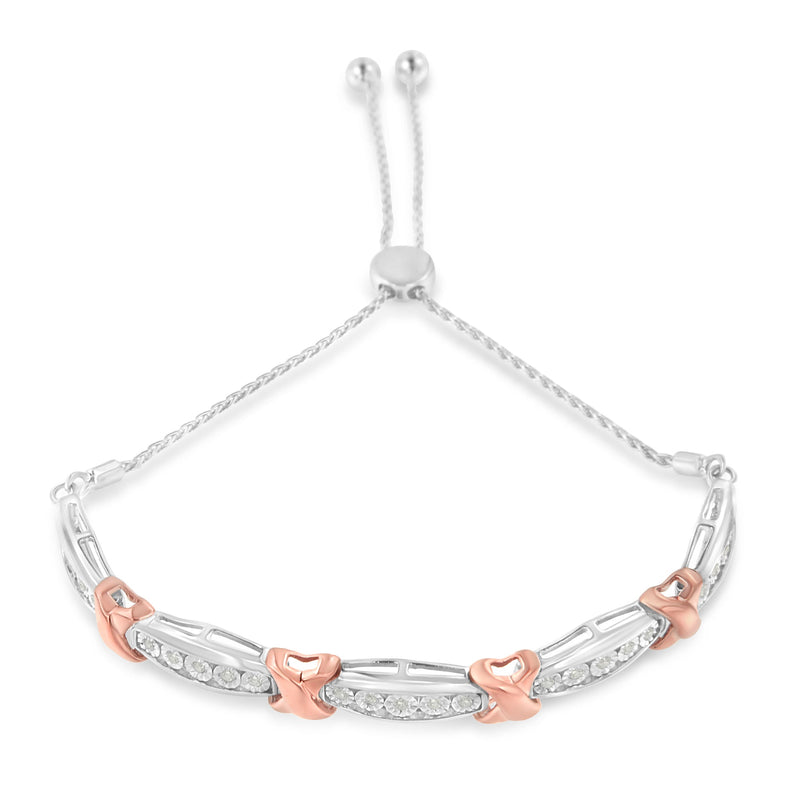 Bids.com .925 Sterling Silver 1/4 Cttw Round-Cut Diamond X & Tapered Bar Miracle-Set Bolo Bracelet (I-J Color, I3 Clarity) - Two Tone Rose Gold & Silver Bracelets White Smoke WhiteRose.Sterling Silver / 7