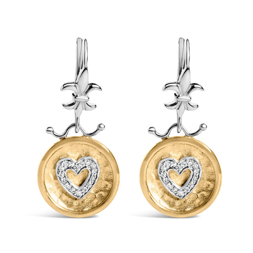 Bids.com 18K Yellow Gold Plated .925 Sterling Silver 1/8 Cttw Diamond Hammered Finished Medallion Heart Drop and Dangle Earrings (I-J Color, SI1-SI2 Clarity) Earrings White Smoke YellowWhite.Sterling Silver / 0.13