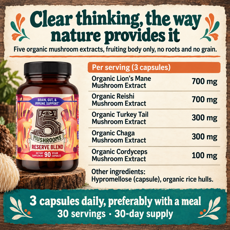 Hippie Farms Premium Immunity, Gut Health, and Brain Cognition Formula - 5 Mushrooms Reserve Blend Vitamins & Supplements Seashell