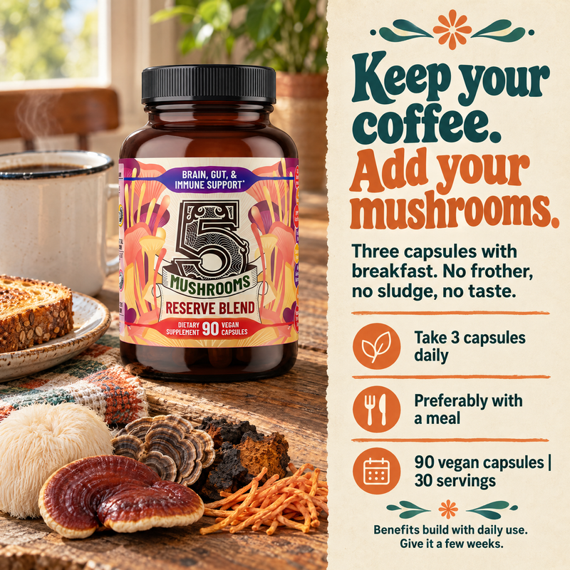 Hippie Farms Premium Immunity, Gut Health, and Brain Cognition Formula - 5 Mushrooms Reserve Blend Vitamins & Supplements Antique White