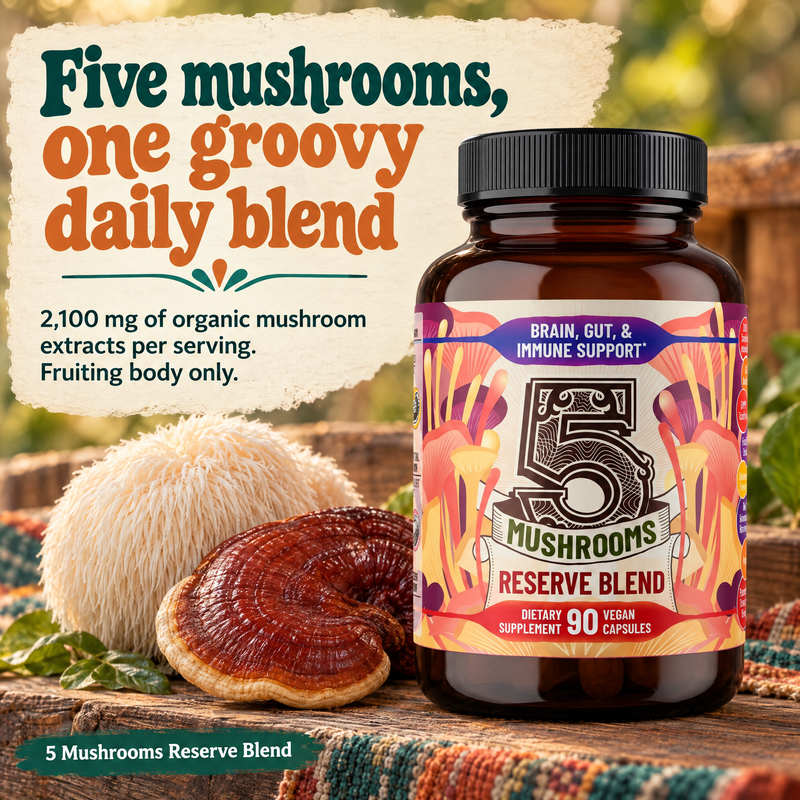 Hippie Farms Premium Immunity, Gut Health, and Brain Cognition Formula - 5 Mushrooms Reserve Blend Vitamins & Supplements Antique White