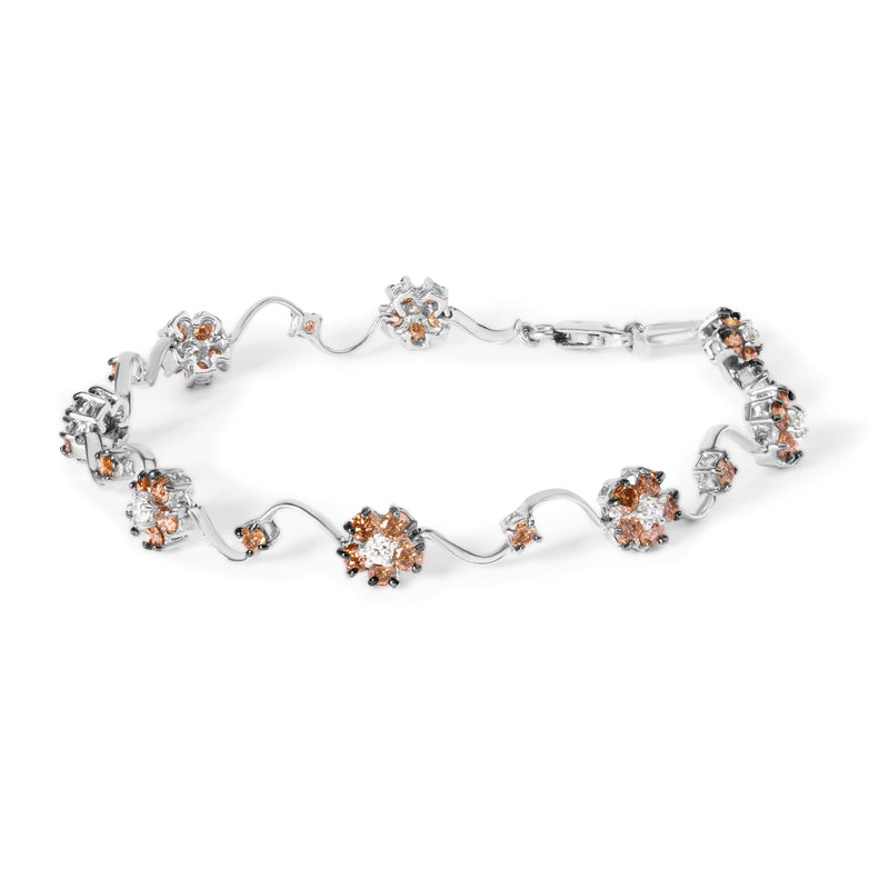Bids.com 10K White Gold 4.0 Cttw Champagne and White Diamond Floral Cluster and Station Link Bracelet (H-I Color, SI2-I1 Clarity) - 7" Inches Bracelets White Smoke White.Gold / 7