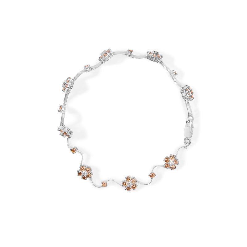 Bids.com 10K White Gold 4.0 Cttw Champagne and White Diamond Floral Cluster and Station Link Bracelet (H-I Color, SI2-I1 Clarity) - 7" Inches Bracelets White Smoke White.Gold / 7