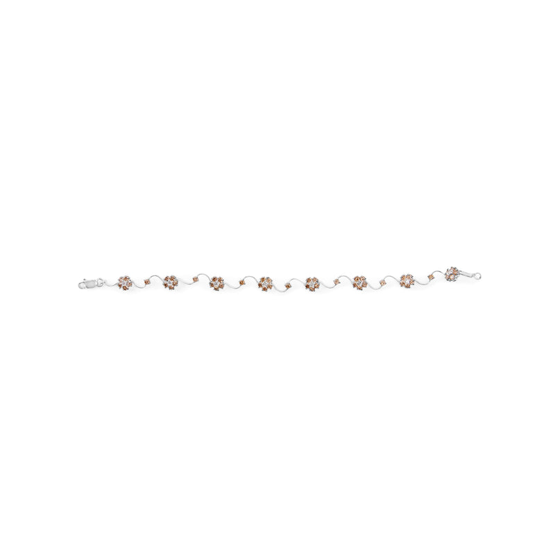 Bids.com 10K White Gold 4.0 Cttw Champagne and White Diamond Floral Cluster and Station Link Bracelet (H-I Color, SI2-I1 Clarity) - 7" Inches Bracelets White Smoke White.Gold / 7
