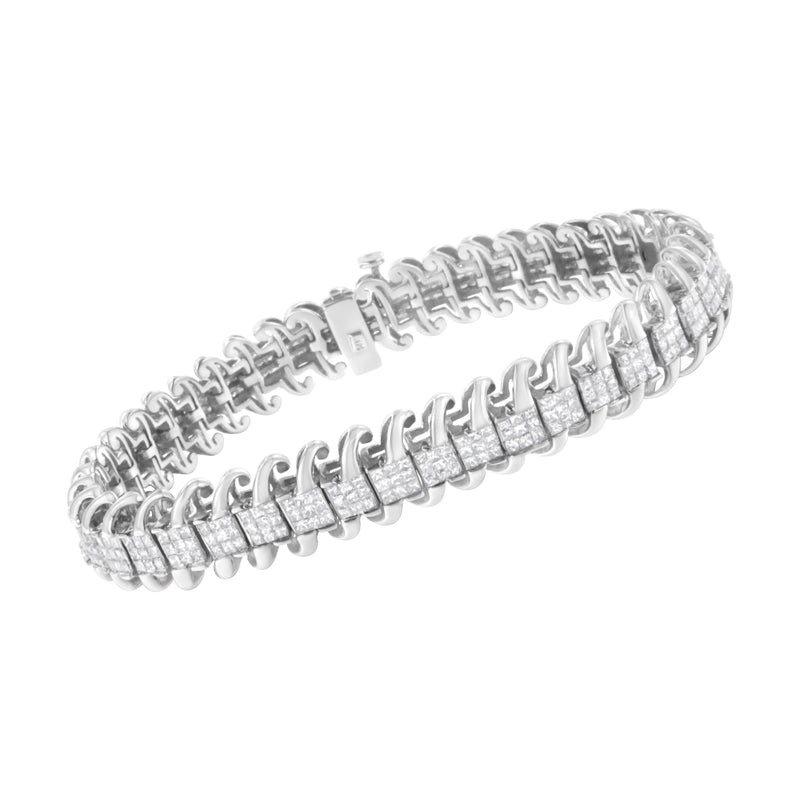 Bids.com 14K White Gold 5.0 Cttw Princess Cut Diamond 7" Invisible Set Wavy S-Link Tennis Bracelet (G-H Color, SI1-SI2 Clarity) Bracelets White Smoke White.Gold / 7