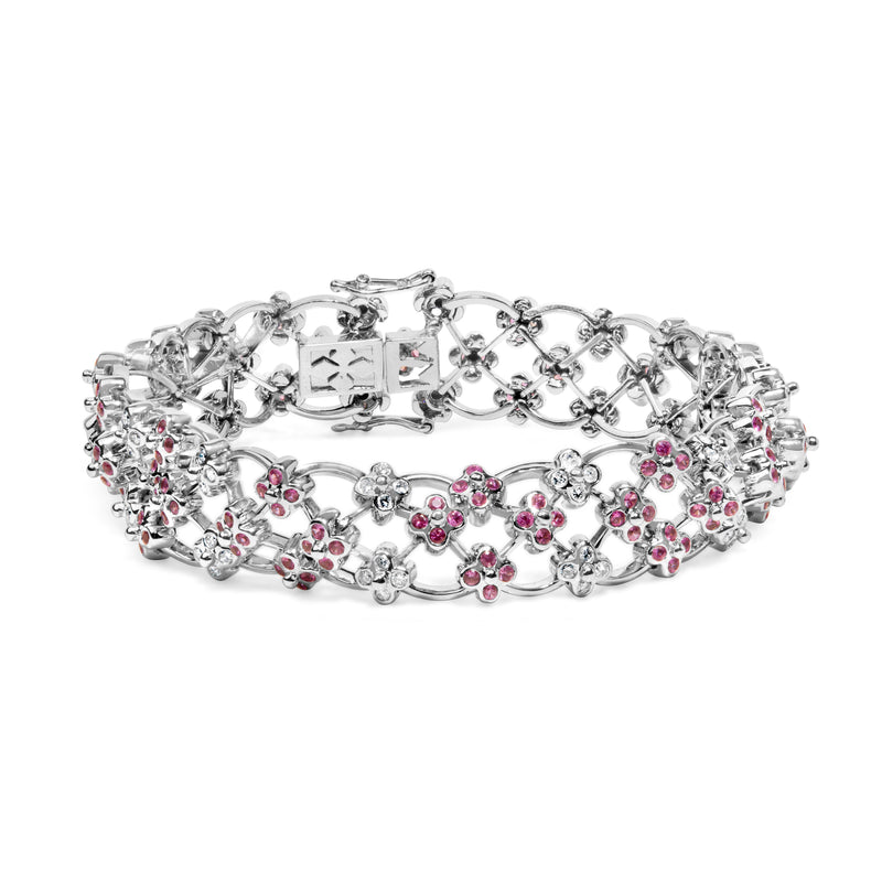 Bids.com 14K White Gold Pink Sapphire and Diamond Floral Lattice Link Bracelet - 7.25" Inches Bracelets White Smoke White.Gold / 7.25