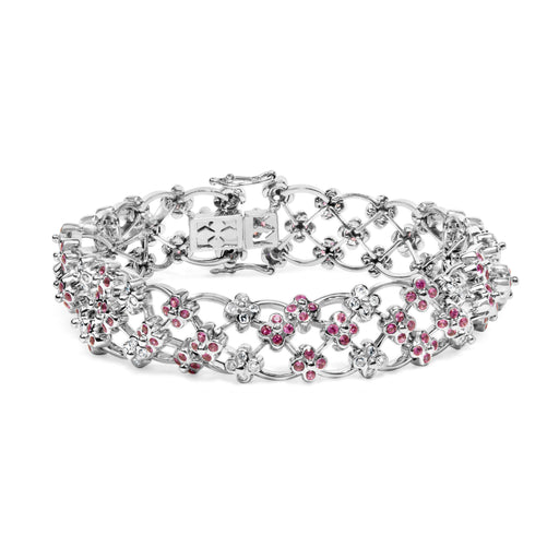 Bids.com 14K White Gold Pink Sapphire and Diamond Floral Lattice Link Bracelet - 7.25" Inches Bracelets White Smoke White.Gold / 7.25