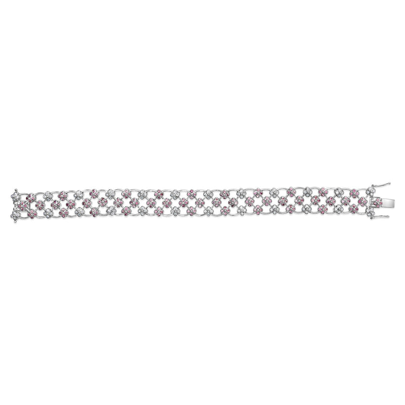 Bids.com 14K White Gold Pink Sapphire and Diamond Floral Lattice Link Bracelet - 7.25" Inches Bracelets White Smoke White.Gold / 7.25