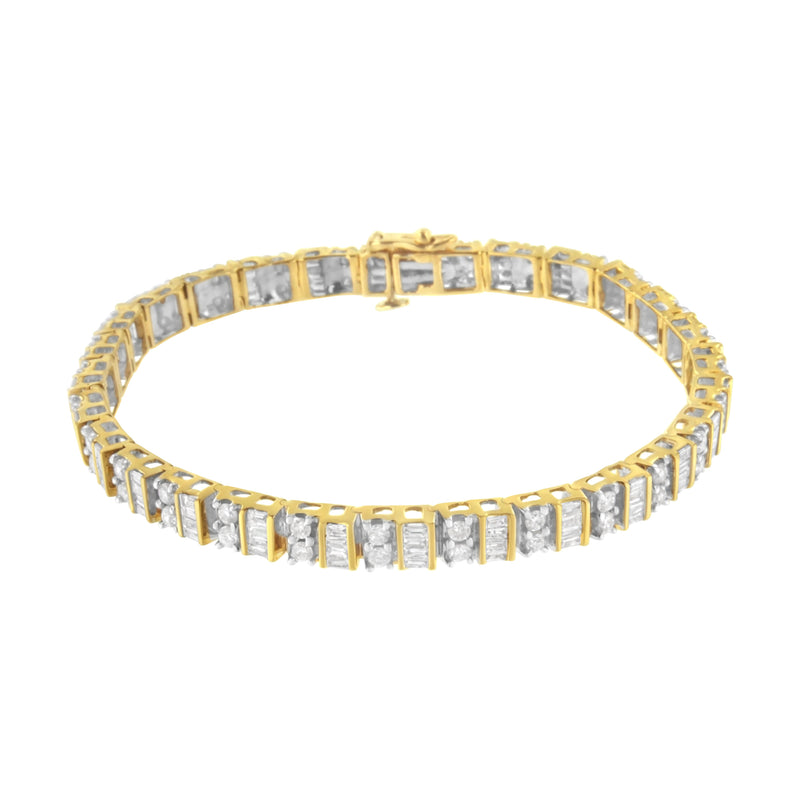 Bids.com 10K Yellow Gold 4.0 Cttw Alternating Baguette & Round Cut Diamond Bezel- & Prong-Set 7" Tennis Bracelet (G-H Color, SI1-SI2 Clarity) Bracelets White Smoke Yellow.Gold / 7