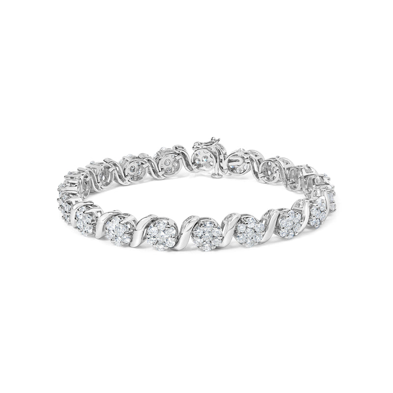 Bids.com 14K White Gold 7 3/8 Cttw Round Brilliant Diamond Floral Cluster and S Link Bracelet (H-I Color, SI2-I1 Clarity) - 7" Inches Bracelets White Smoke White.Gold / 7