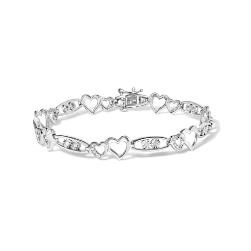 Bids.com 925 Sterling Silver 1/5 Cttw Diamond Double Heart Link Bracelet (I-J Color, I3 Clarity) - 7.25" Inches Bracelets White Smoke White.Sterling Silver / 7.25