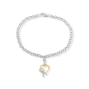 Bids.com 10K Yellow Gold 1/10 Cttw Diamond Awareness Ribbon & Heart Charm on 7" .925 Sterling Silver Rolo Bracelet (H-I Color, I1-I2 Clarity) Bracelets White Smoke YellowWhite.Gold / 7