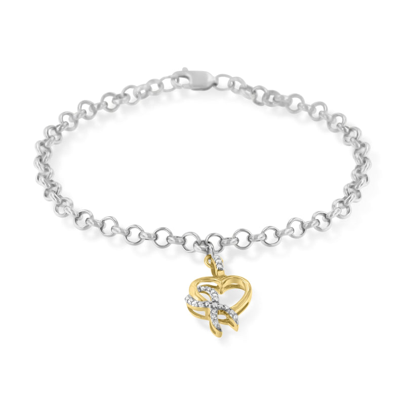 Bids.com 10K Yellow Gold 1/10 Cttw Diamond Awareness Ribbon & Heart Charm on 7" .925 Sterling Silver Rolo Bracelet (H-I Color, I1-I2 Clarity) Bracelets White Smoke YellowWhite.Gold / 7