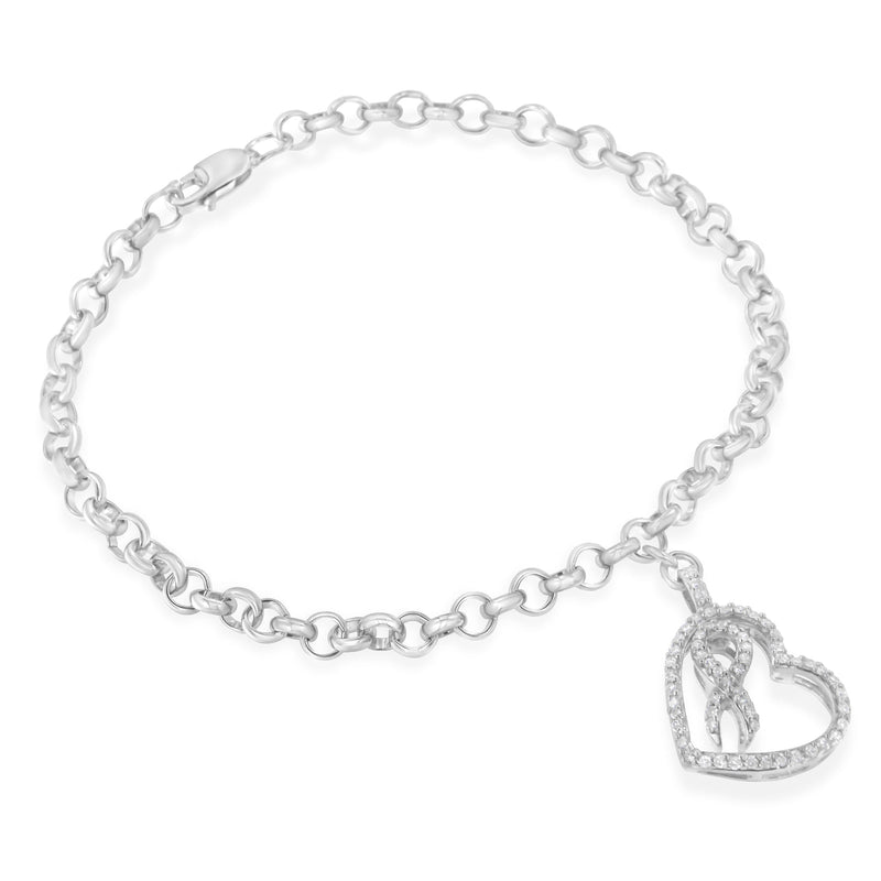 Bids.com .925 Sterling Silver 1/4 Cttw Diamond-Accented Heart and Ribbon Charm 7" Link Chain Bracelet (H-I Color, I1-I2 Clarity) Bracelets White Smoke White.Sterling Silver / 7