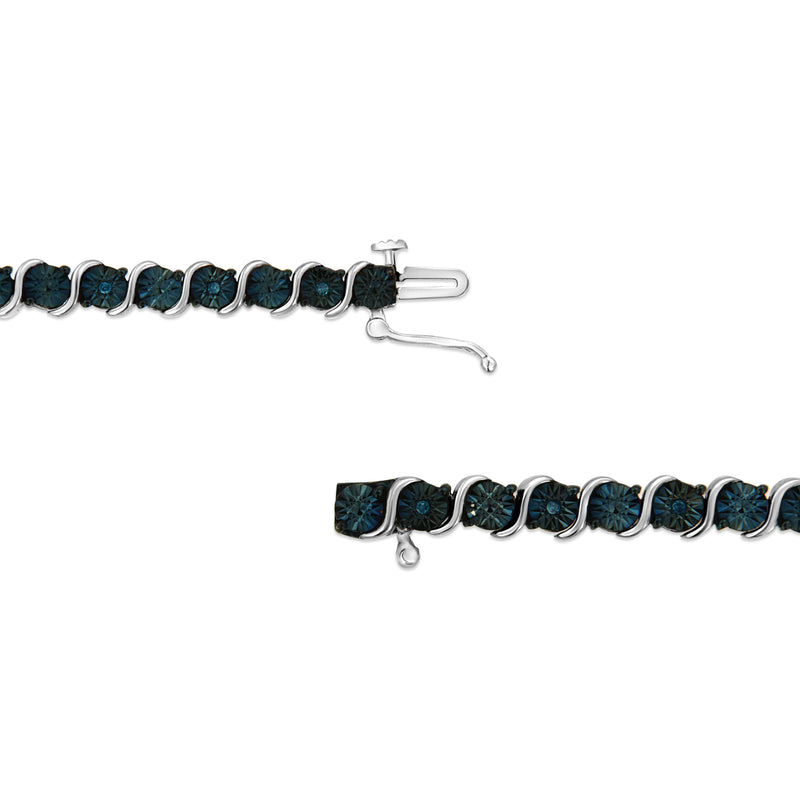 Bids.com .925 Sterling Silver 1/10 Cttw Miracle-Set Treated Blue Color Diamond Miracle Plate "S" Link Tennis Bracelet (Blue Color, I2- I3 Clarity) - 7.25" Bracelets White Smoke White.Sterling Silver / 7.25