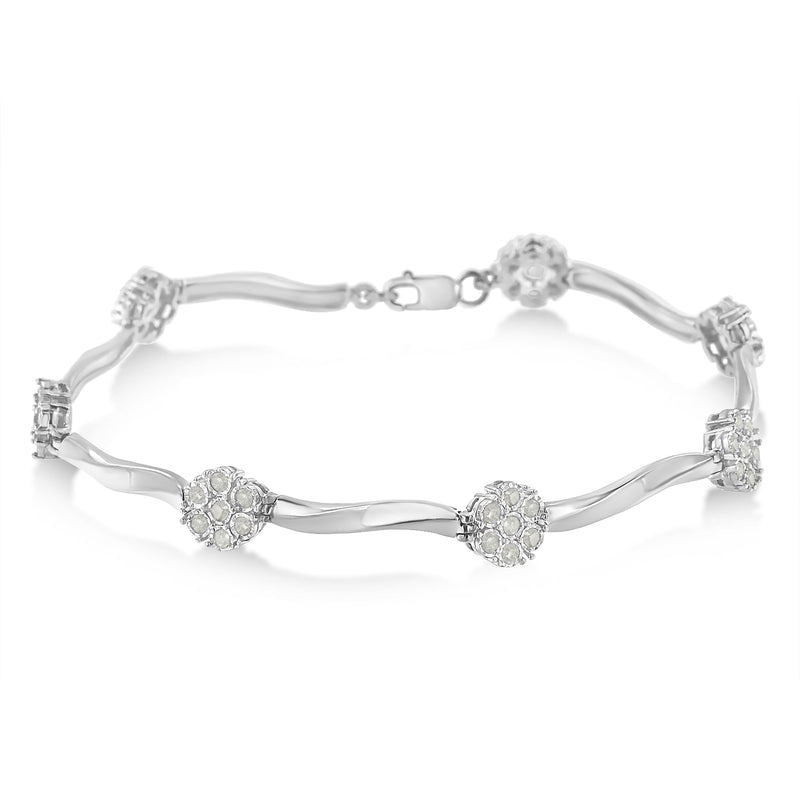 Bids.com .925 Sterling Silver 1.0 cttw Miracle-Set Diamond 7 Stone Floral Cluster Link Bracelet (I-J Color, I3 Clarity) -7" Bracelets White Smoke White.Sterling Silver / 7