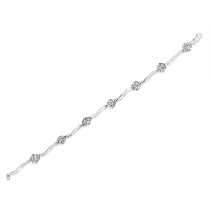 Bids.com .925 Sterling Silver 1.0 cttw Miracle-Set Diamond 7 Stone Floral Cluster Link Bracelet (I-J Color, I3 Clarity) -7" Bracelets White Smoke White.Sterling Silver / 7