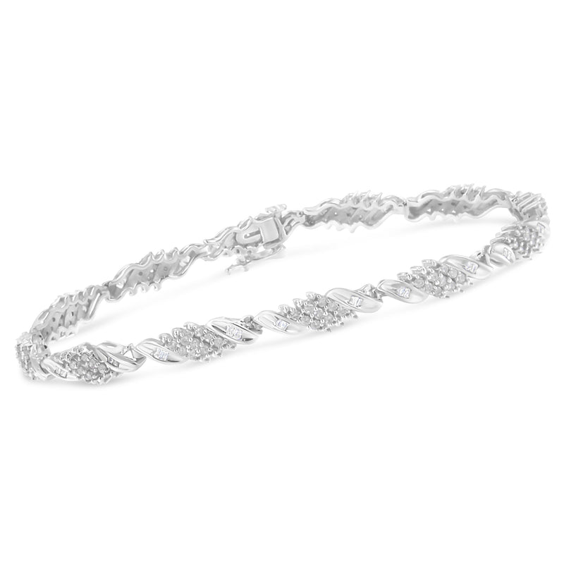 Bids.com .925 Sterling Silver 1-1/2 Cttw Round and Baguette Cut Diamond Wave Link Bracelet (I-J Color, I2-I3 Clarity) - 7" Bracelets White Smoke White.Sterling Silver / 7.25