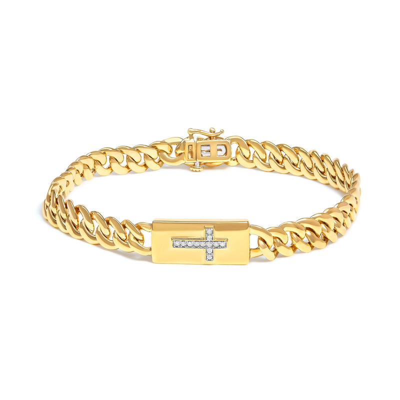 Bids.com 14K Yellow Gold Plated .925 Sterling Silver Diamond Accent Inlaid Cross Cuban Link Bracelet (I-J Color, I3 Clarity)-  7.25" Bracelets White Smoke Yellow.Sterling Silver / 7.25