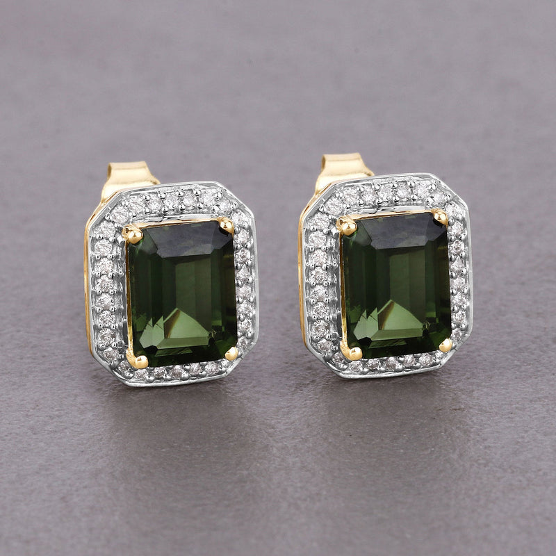 Bids.com 3.57 Carat Genuine Green Tourmaline and White Diamond 14K Yellow Gold Earrings Earrings Dark Gray