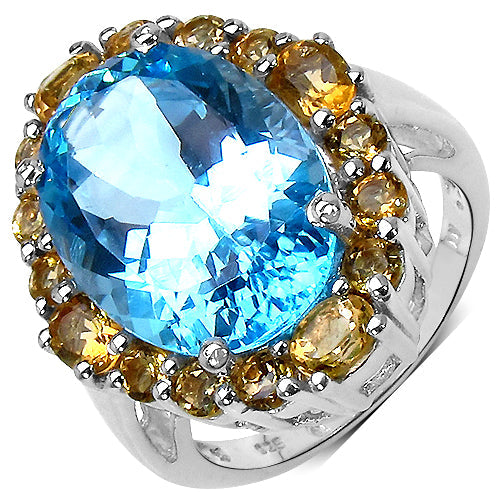 Bids.com 12.73 Carat Genuine Blue Topaz & Citrine .925 Sterling Silver Ring Rings White Smoke size 7.00,size 6.00,size 8.00,size 9.00