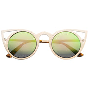 zeroUV Women's Laser Cut Round Metal Mirror Lens Sunglasses A102 Sunglasses White Smoke Gold Pink Green Mirror