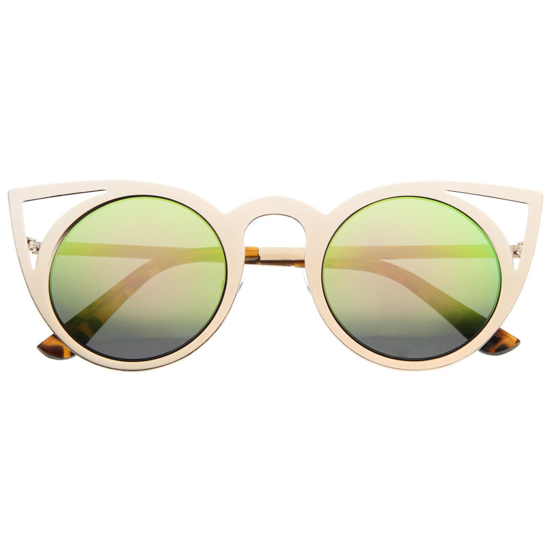 zeroUV Women's Laser Cut Round Metal Mirror Lens Sunglasses A102 Sunglasses White Smoke Gold Pink Green Mirror